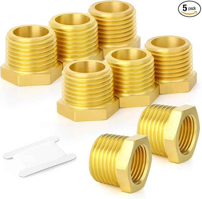 GASHER 5Pcs Brass Reducer Hex Bushing 3/4" NPT Male x 3/8" NPT Female, Brass Threaded Pipe Fitting
