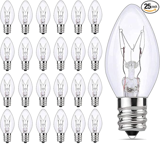 SkrLights 25 Pack C7 Clear Bulbs Christmas Light Bulbs C7 Outdoor String Light Replacement Bulbs, C7/E12 Candelabra Base, 5 Watt-Clear