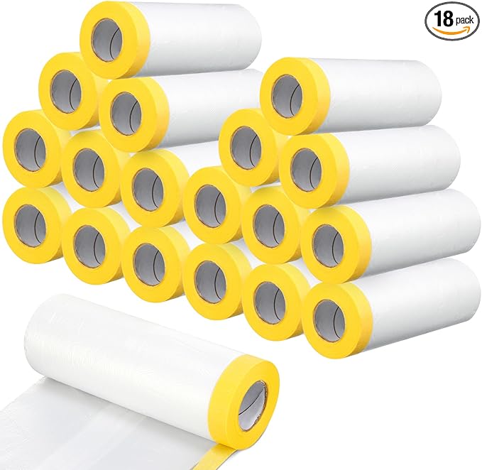 Seajan 18 Roll Painters Plastic with Tape Pre Taped Masking Film for Painting Automotive Paint Adhesive Protective Film Masking Tape Roll Plastic Painting Covering (White,5 x 65 Ft)