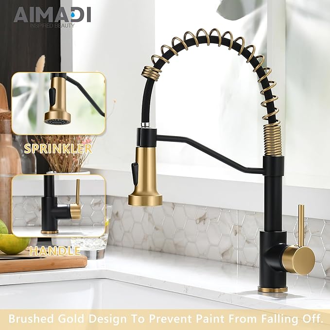 AIMADI Black Faucet Kitchen,Commercial Black Gold Kitchen Faucet Matte Black Modern Single Handle Kitchen Faucet with Pull Down Sprayer for Rv Farmhouse Camper