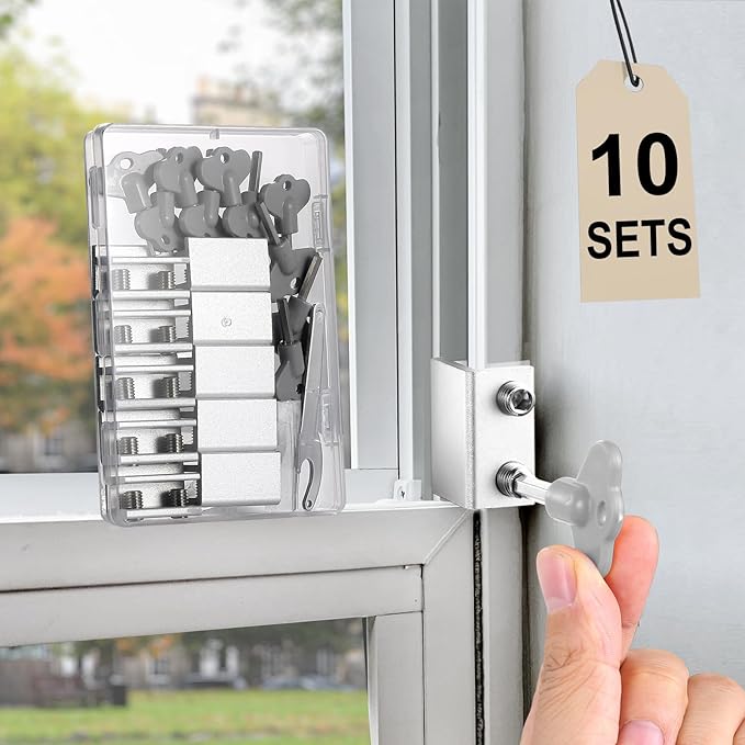Window Locks,10 Sets Sliding Window Locks with Key, Window Locks for Up and Down Windows,Easy to Install Vertical & Horizontal Window Security Locks,Adjustable Aluminum Window Stopper Lock(Silver)