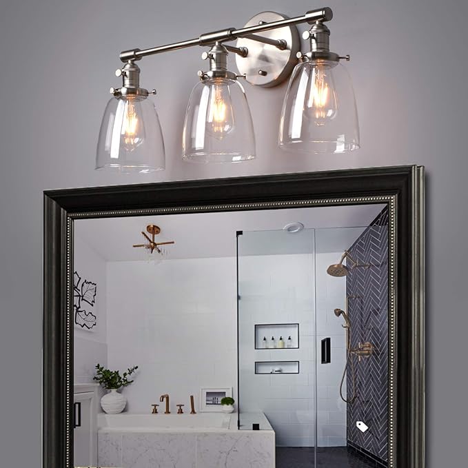 Phansthy 3-Light Wall Sconces Antique Brass Vanity Light, Industrial Wall Lamps with On Off Switch and Clear Glass Lampshade, Vintage Wall Lighting for Bathroom Living Room (Brushed, Bell Shade)