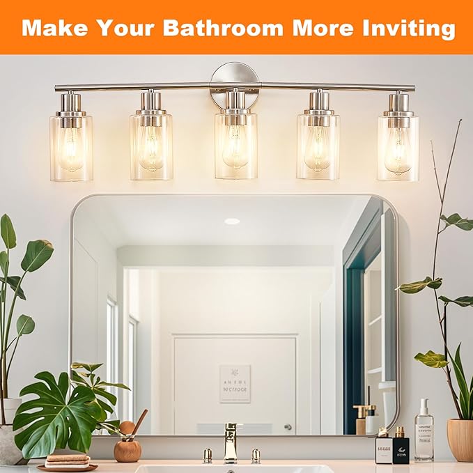 DLLT 5-Light Bathroom Light Fixtures: Nickel Modern Vanity Lights with E26 Bulbs - Clear Glass Shade Bathroom Wall Lamp for Mirror Kitchen Living Room Hallway Cabinet Porch