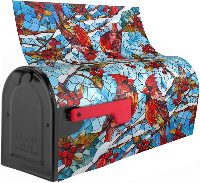 Giwawa Winter Cardinal Bird Mailbox Covers Red Birds on Holly Berry Branches Snow Mail Box Cover Magnetic Oversized 25.5 x 21 Stained Glass Christmas Mailbox Wrap Holiday Mailbox Xmas Decorations