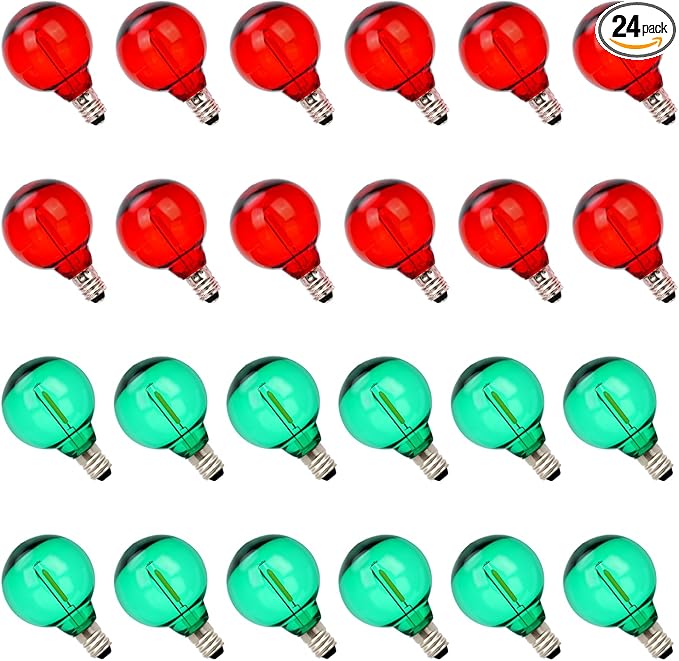 24Pack G40 Christmas LED String Lights Bulbs, E12 Screw Base Shatterproof Red & Green Bulbs for Outdoor Holiday Decor 120V 0.6W Dimmable Equivalent to 7W, Christmas Tree & Patio Lighting