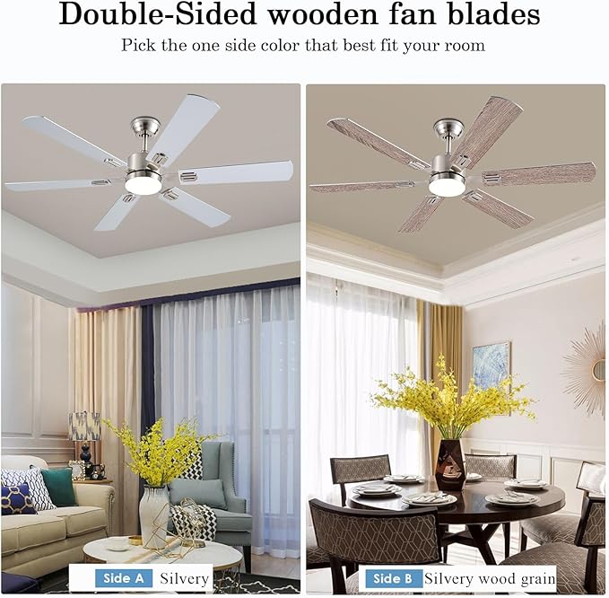 56inch Ceiling Fans with Lights and Remote/App Control, Dimmable LED, Reversible DC Motor, Noiseless, 6 Double-Side blades, 6 Speeds Low Profile Ceiling Fan for Indoor/Outdoor Use（ Nickel）