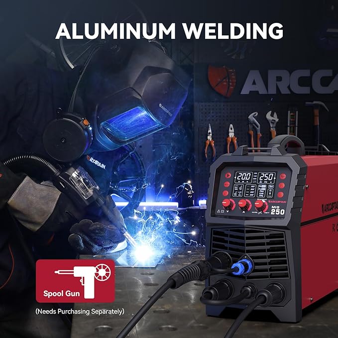ARCCAPTAIN 250A MIG Welder, 110V 220V Gas MIG/Gasless MIG/Stick/Lift TIG/Spool Gun/Spot 6 in 1 Welding Machine Aluminum Welding Machine Professional Welder Machine with Large LED Display