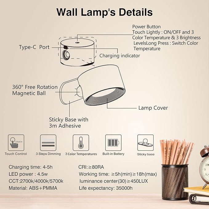 Koopala LED Sconces, Wall Mounted Lamps with Rechargeable Battery Operated USB Port 3 Color Temperatures & 3 Brightness Levels 360°Rotate Magnetic Ball, Cordless Lights for Reading Bedside