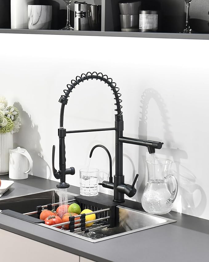 Fapully Commercial 3 Way Kitchen Faucets with Pull Down Sprayer and Water Filler,3 in 1 Kitchen Sink Faucet with Drinking Water Faucet Matte Black