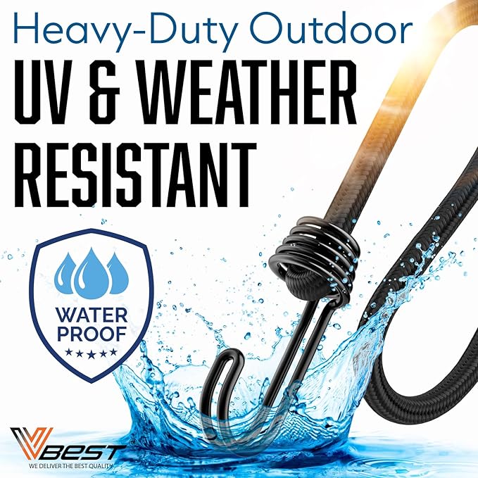 6 Piece Strong Bungee Cords with Hooks 36 Inch - Heavy Duty Outdoor Black Bungy Straps with Metal Hooks - 3ftt Bungie Chords Set UV & Weather Resistant