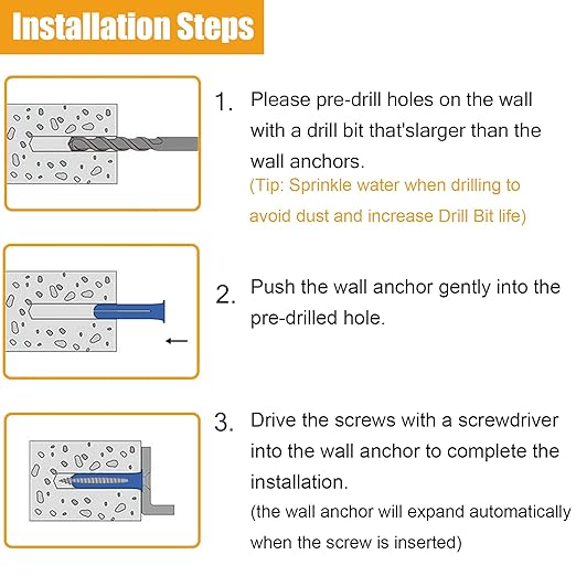 KURUI #12-16 Wall Anchors and Screws Kit, 134 PCs Drywall Anchors for Drywall Brick Masonry Stucco Concrete, 67 Plastic Concrete Anchors and 67 Wood Screws, Drywall Anchors for Picture, Curtain Rod