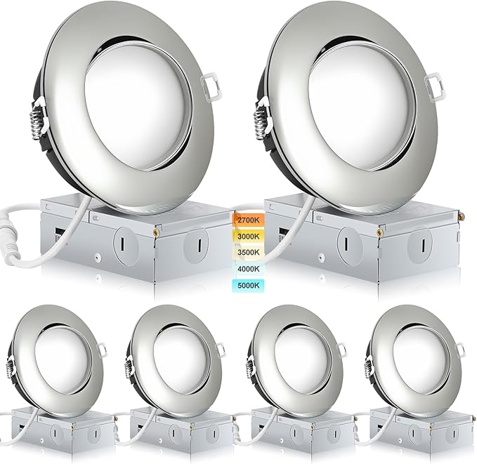Chrome 4 Inch Led Recessed Lights 6 Pack,Ajustable Led Eyeball Gimbal Light,4 Inch Ceiling Light with Junction Box,5CCT Selectable,9W 750LM,Dimmable,ETL Listed