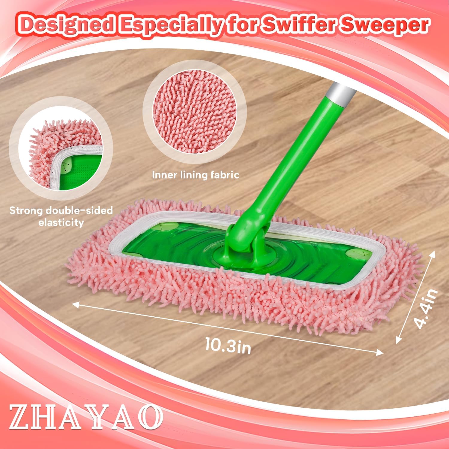 Reusable 100% Coral Fleece Mop Pads Compatible with Swiffer Sweeper Mop, Pink, Wet and Dry Flat mop Cover, 3 Pack Washable Mop Pads for Surface/Hardwood Floor Cleaning (Mop is Not Included)