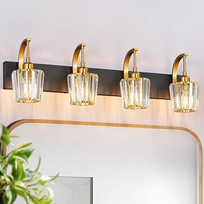 Modern Bathroom Vanity Light, 4-Light Black Gold Wall Sconce with Crystal Accents, Over Mirror Bathroom Lighting Fixture, 32.67" Long Dimmable Vanity Lamp for Makeup, Easy Installation