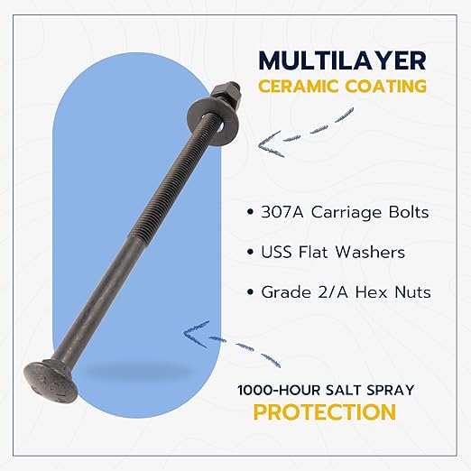 1/2 in. x 10 in. Black Carriage Bolt Kit Includes 12 Bolts, 12 Washers, and 12 Nuts, Ceramic Black Ruspert Coated for Exterior Use - 2X Rust Resistance of Galvanized by Makers Bolt
