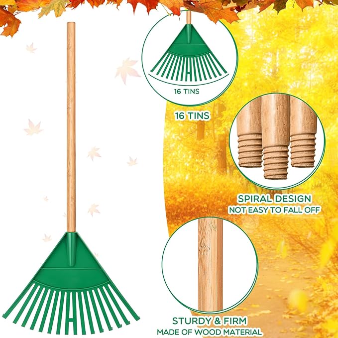 Macarrie Pack of 3 Kids Rakes with Hardwood Handle Lawn Garden Rake for Kids Gifts to Sweep Fall Leaves in Lawn and Tidying up The Garden Made of Wood and Plastic, 34.6 Inch (Green)