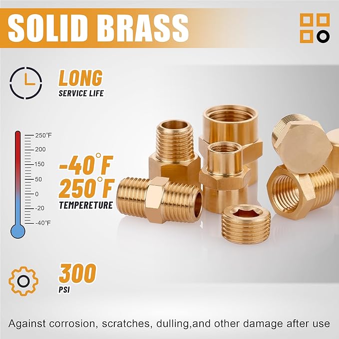 106PCS Brass Pipe Fittings Assortment Kit NPT Extension Adapter,Reducer Bushing,Hex Nipple,Close Nipple,Reducing Hex Coupling,Hex Head Plugs,Hex head Cap,Socket Plug Kit
