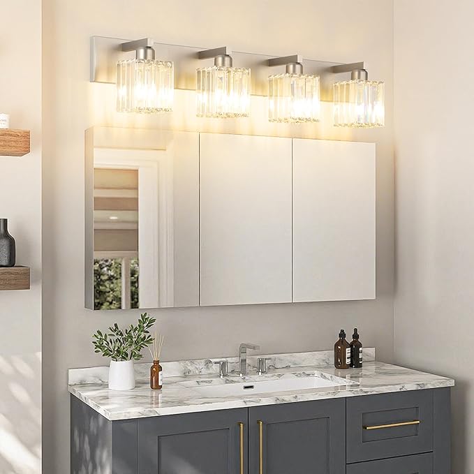 Aipsun Brushed Nickel Bathroom Lighting Fixtures 4 Light Crystal Modern Bathroom Vanity Light (Exclude Bulb)