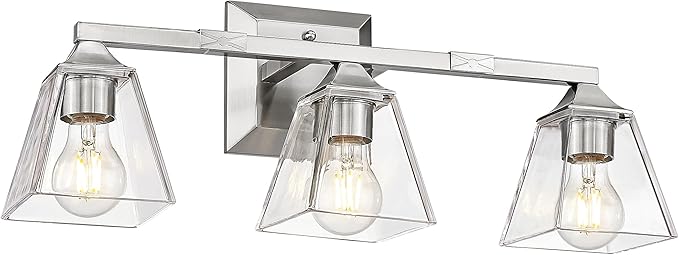 Modern Bathroom Light Fixture, HWH 3-Light Bathroom Light Fixtures Brushed Nickel Wall Vanity Light, Vanity Wall Lamp with Square Bell Glass Shade, 5HY68B-3W BN