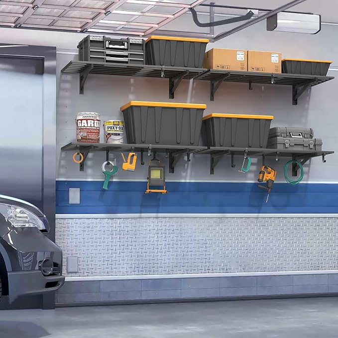 4-Pack 1.5x4ft Garage Shelving Wall Mounted, 1.5 x 4' Heavy Duty Garage Storage Shelves with Hooks, 800LB Capacity