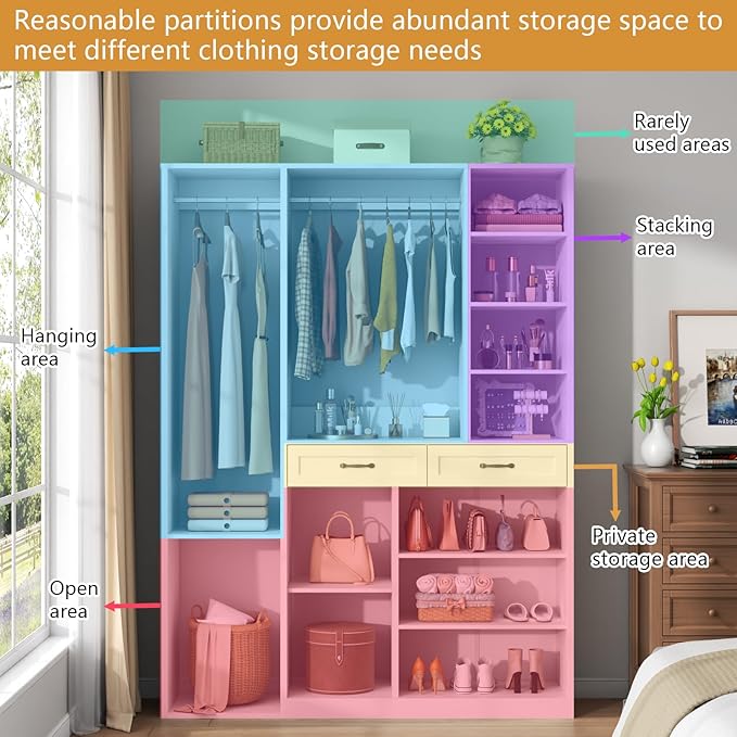 Closet System with 2 Drawers, 55” Wood Closets Organizer and Storage with 2 Hanging Rods, Walk-In Closets System, Clothes Rack with 10 Shelves, White Closet Shelves System Large Wardrobe for Bedroom
