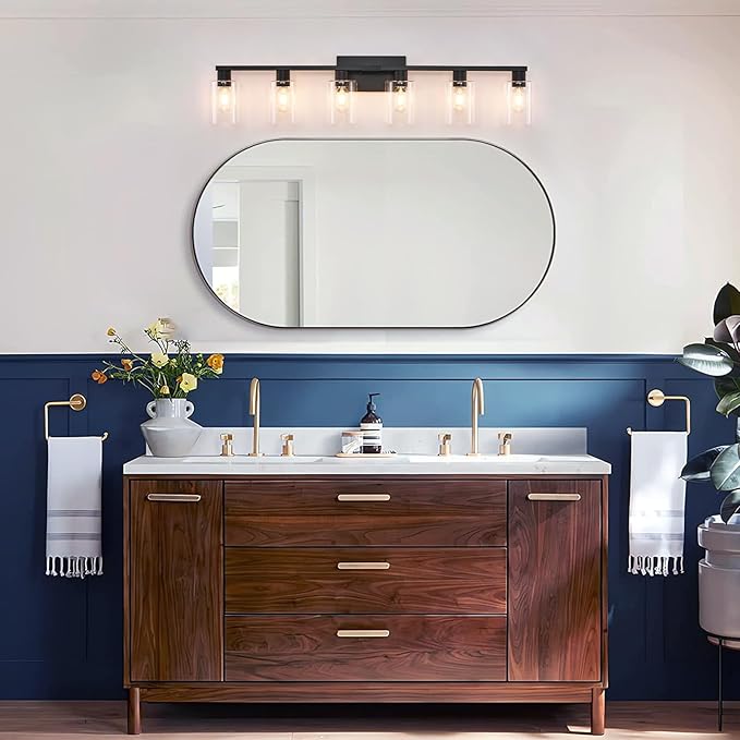6-Light Vanity Lights,Large Vanity Light for Bathroom Black Vanitii Lights with Clear Glass Shade,Bathroom Light Fixtures Over Mirror