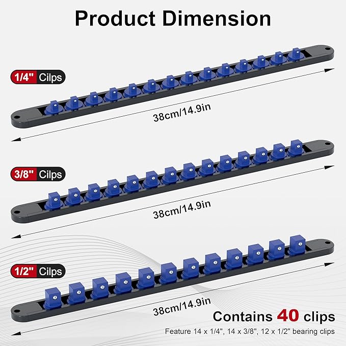 FivePears 3PCS 360° Socket Organizer Twist Lock,3/8 1/4 1/2 Socket Storage Rails, Premium Quality Socket Holders for Tool Box ，Tool Carts，Contains up to 40 Clips (Blue, Red and Black)