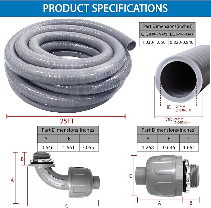 3/4 Inch 25ft Electrical Conduit Kit UL Certification,Flexible Non Metallic Liquid Tight Electrical Conduit,Flexible Metallic Conduit with 5 Straight and 3 90-Degree Conduit Connector Fittings