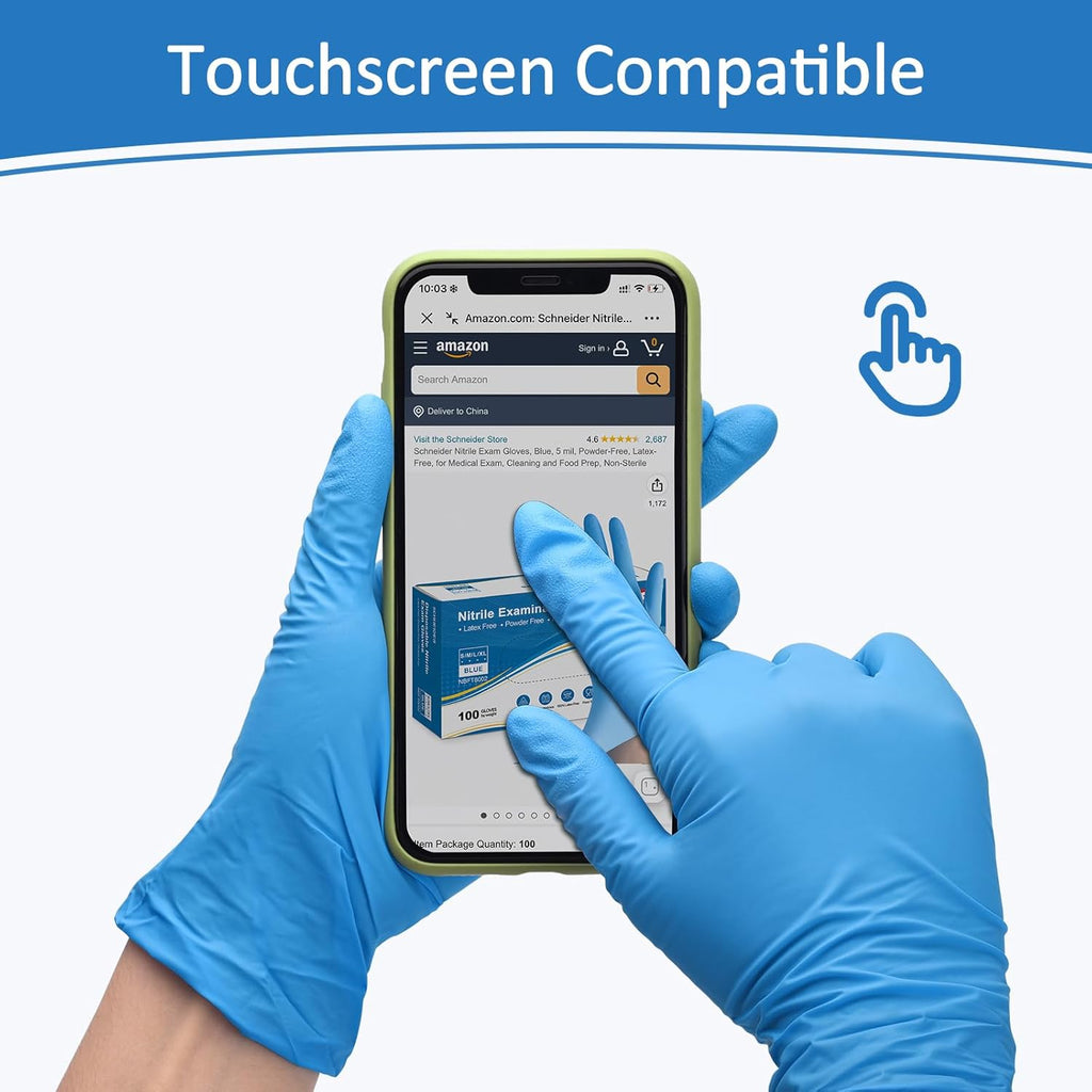 Schneider Nitrile Exam Gloves, Large, Box of 50, Heavy Duty Disposable Gloves, Textured, Latex Free, Food Safe, Industrial Gloves for Medical, Cleaning, Cooking, Blue