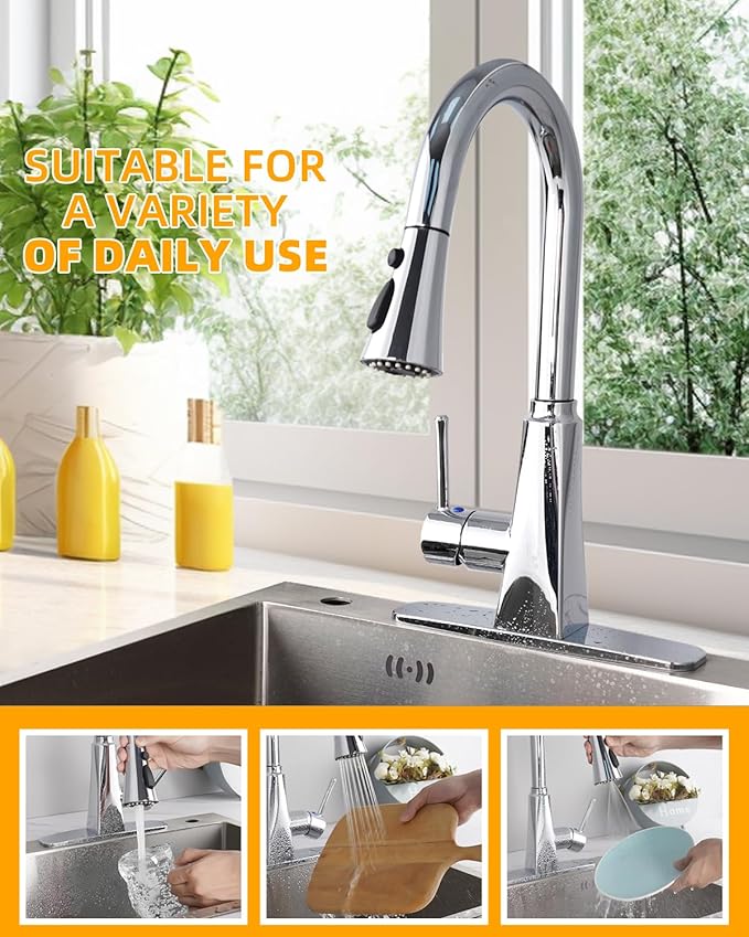 Hibbent Kitchen Sink Faucet Head Replacement, NSF/ANSI/CAN 61 & CUPC Certified, 3-Function Pull Down Sprayer Nozzle with 15 Adapters, Compatible with Delta, Kohler, Moen Faucets, Chrome (Silver)