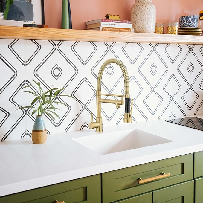 Fapully Commercial Pull Down Kitchen Faucets with Sprayer,Single Handle Spring Brushed Gold Kitchen Sink Faucet