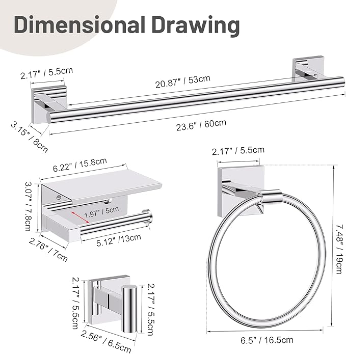 5-Piece Polish Chrome Bathroom Hardware Set, SUS304 Stainless Steel Bathroom Accessories Set 23.6 inches Towel Bar, Toilet Paper Holder with Shelf, Towel Ring and Two Towel Hooks Wall-Mounted