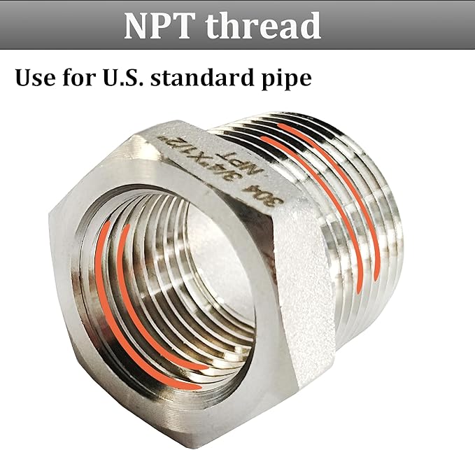 2 Pcs Reducer Hex Bushing, 304 Stainless Steel 3/4" Male NPT to 1/2" Female NPT（ 3/4"MNPT - 1/2"FNPT） Pipe Fitting Hex Bushing, Heavy Duty Pipe Fitting Reducer Adapter