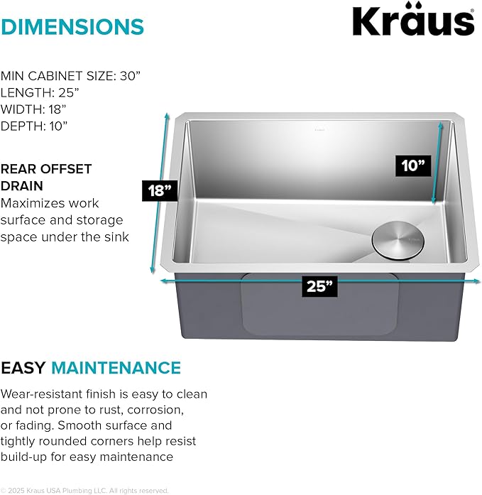 Kraus KHU111-25 Standart PRO 16 Gauge Undermount Single Bowl Stainless Steel Kitchen Sink, 25 Inch