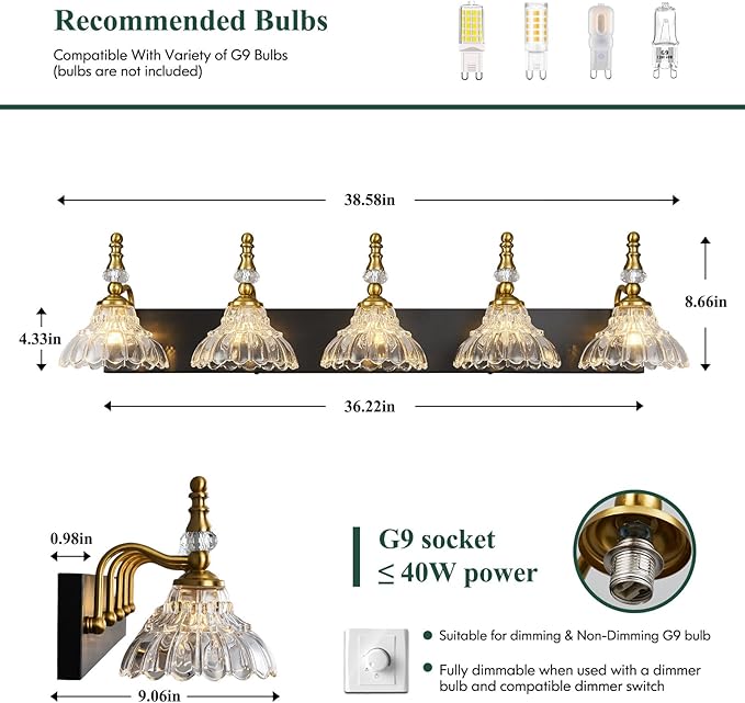 Vintage Bathroom Vanity Light, 5-Light Black Gold Vanity Lighting Fixture with Flower Glass Shade, Bathroom Lighting Fixtures Over Mirror