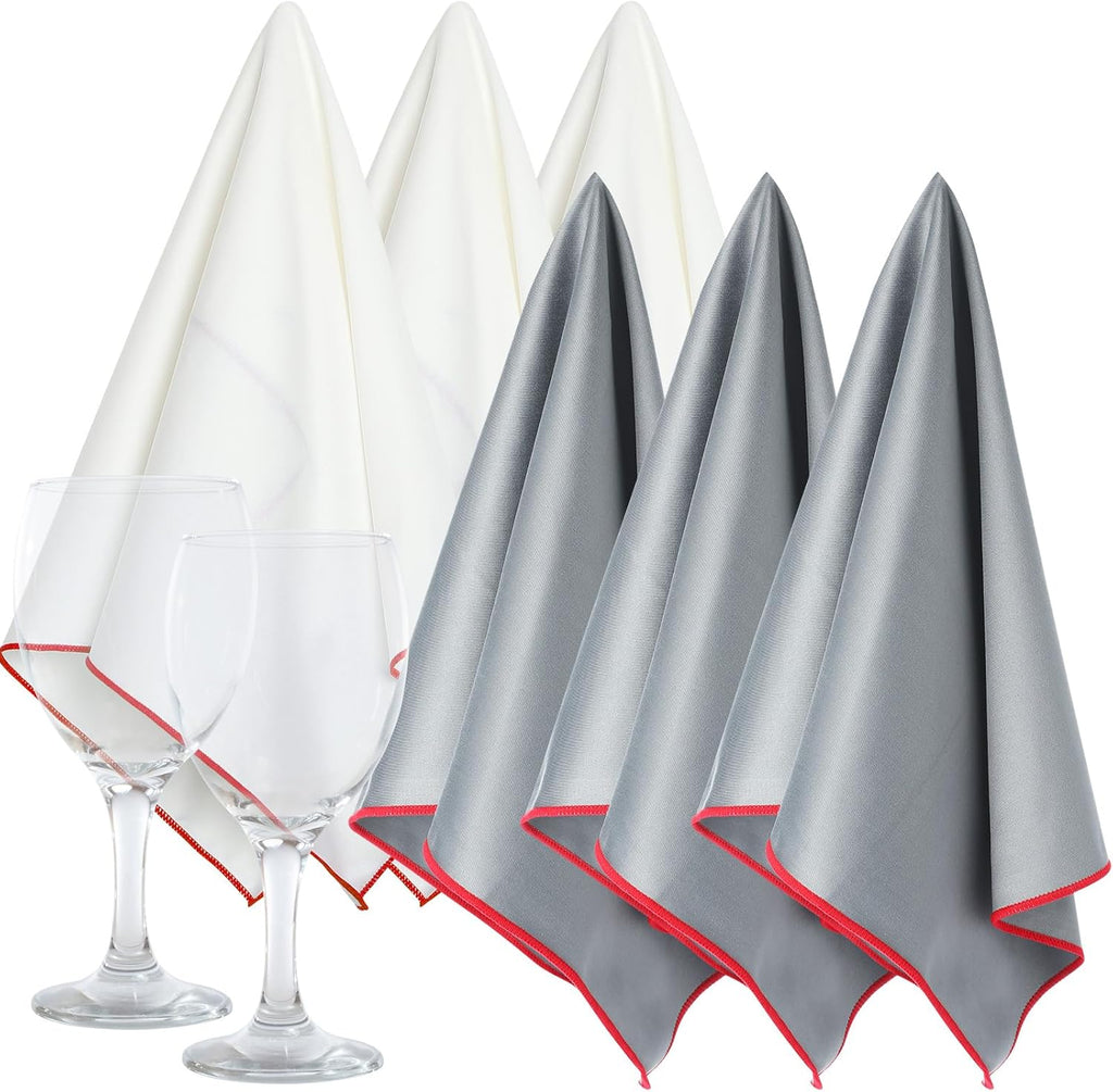 VitalCozy 6 Pcs Wine Glass Polishing Cloths Large Microfiber Cleaning Cloths 25 x 20 Inch Lintless Towels for Drying Wine Glasses Cleaning Window Stemware Dishes Glassware (Gray, White)