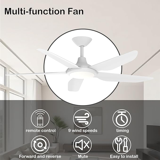 52 Inch Modern White Ceiling Fans with Lights, Ultra Quiet for Low Ceiling Bedroom, Sleep Mode Timer, 9 Speed Remote Control Dimmable LED Light, Easy Install