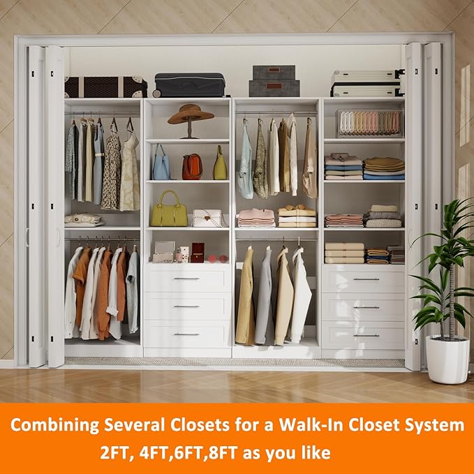 Closet System with 6 Drawers, 8FT Wood Closet Organizer System with 8 Hanging Rods&Adjustable Shevles, 81"Tall Modular Walk In Closet System, Standalone Closet System System, 4Set,White