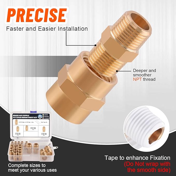 24Pcs Brass Pipe Fittings,1/8" x 1/8",1/4" x 1/4",3/8" x 3/8",1/2" x1/2" NPT Male Hex Nipple Pipe Extension Reducer Nipple Adapter