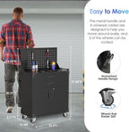 Tool Cart with Wheels and 2 Drawers, Metal Garage Storage Cabinet with Lockable Doors, Pegboard and 4 Hooks for Garage, Workshop, Tool Chest, Heavy Duty Work Bench, Black, Assembly Required