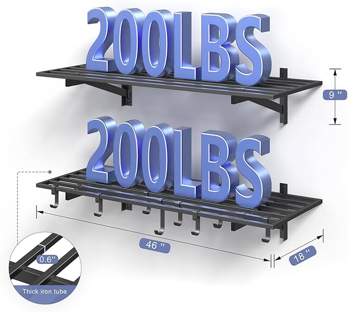2-Pack 1.5x4ft Garage Shelving Wall Mounted, 1.5' x 4' Heavy Duty Garage Storage Shelves with Hooks, 400LB Capacity