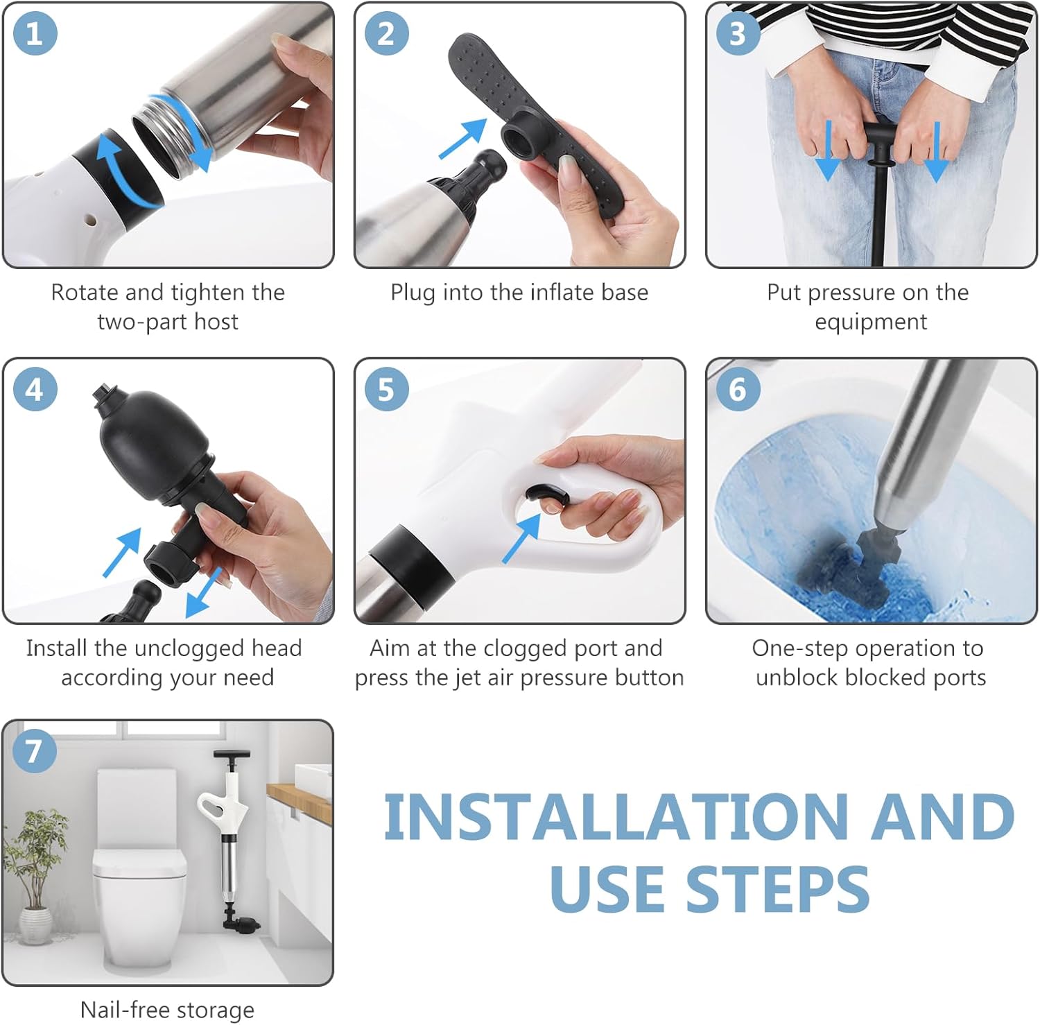 Air Plunger for Drain, High Pressure Air Drain Blaster with Visual Barometer Stainless Steel Toilet Clog Remover Toilet Unclogger Plungers for Bathroom, Toilets, Sink, Kitchen, Clogged Pipe