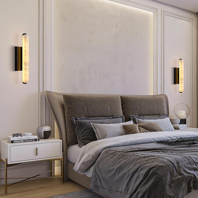 Alabaster Wall Sconces Set of Two, 15in Black Alabaster Sconce, Modern Spanish Natural Marble Sconces Lights, Rectangle Sconces for Bathroom Vanity Bedroom Living Room Staircases Hallway