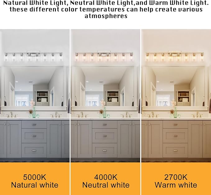 8 Light Bathroom Vanity Light, Large Brushed Nickel Vanity Lights Fixtures, Bathroom Lighting Fixture Over Mirror with Clear Glass Shade for Mirror, Bedroom, Living Room, Wall Lamp