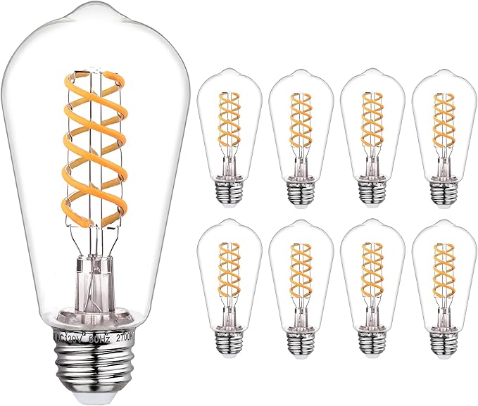 8 PCS Dimmable Vintage LED Edison Bulbs, 6W Equivalent 60 Watt, Warm White 2700K, Antique Flexible Spiral LED Filament Light Bulb, ST58 (ST19), 600 Lumens, E26 Base, Clear Plastic