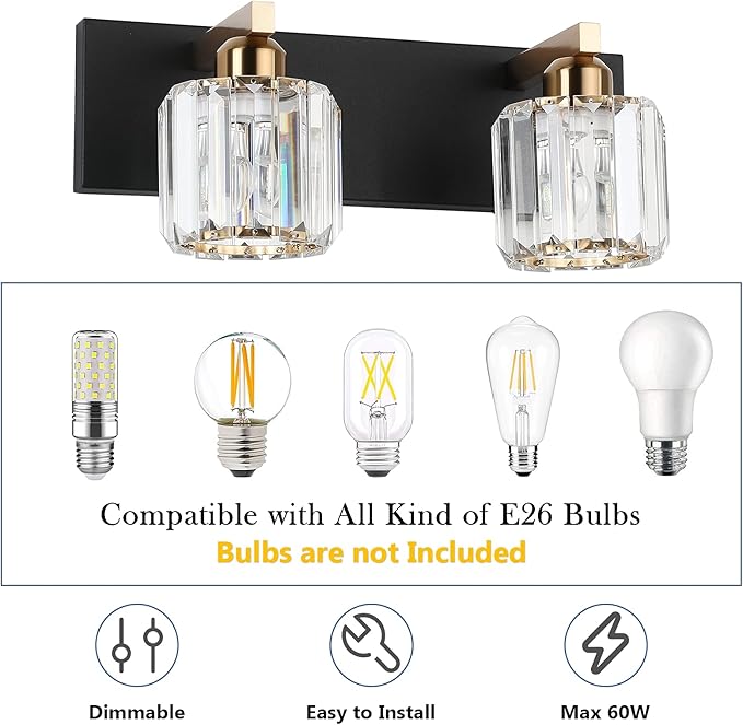 Aipsun Vanity Lighting Fixtures for Bathroom Matte Black Vanity Lights Fixtures Crystal 2 Lights Wall Light Fixture Over Mirror(Exclude Bulb)