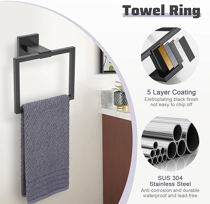 TNOMS Matte Black Towel Bar Set 5-Piece Bathroom Hardware Accessories Set,23.6 Inch Modern Towel Holder Set SUS304 Stainless Steel Towel Rack Set for Bathroom,Wall-Mounted