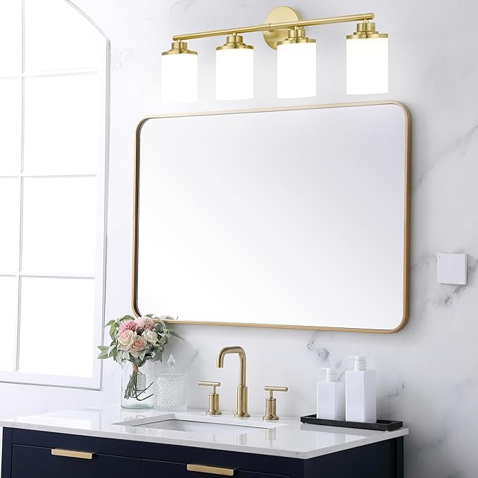 Modern 4-Light Vanity Light Fixtures with Frosted Glass, Brushed Gold Bathroom Sconces Over Mirror
