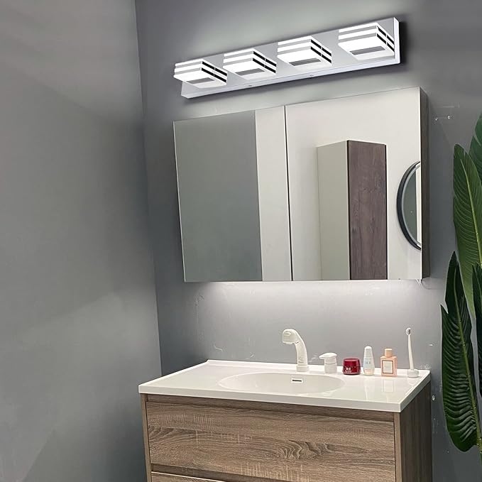 LED Vanity Lights for Bathroom 4 Light Bathroom Lamp over Vanity 27Inch Bathoom Mirror Light Fixtures Modern Bath Bar Lighting Chrome Vanity Lighting Fixtures 24W Restroom Light Fixture 6000K