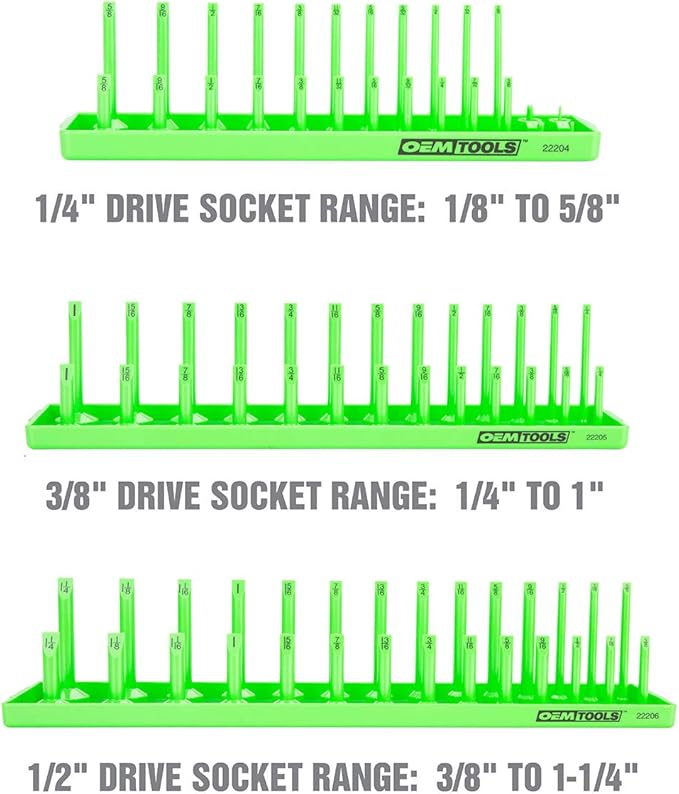 OEMTOOLS 22233 Tool Storage Organizer for SAE and Metric Socket, 6PC Socket Organizers for 1/4", 3/8", and 1/2" Drive Sockets, Optimize Toolbox Organization